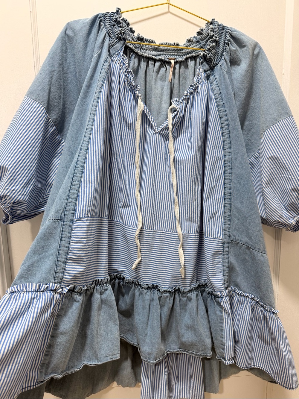 Free People Keegan Tunic Dress Indigo Patchwork Mixed Stripe Boho Size Medium